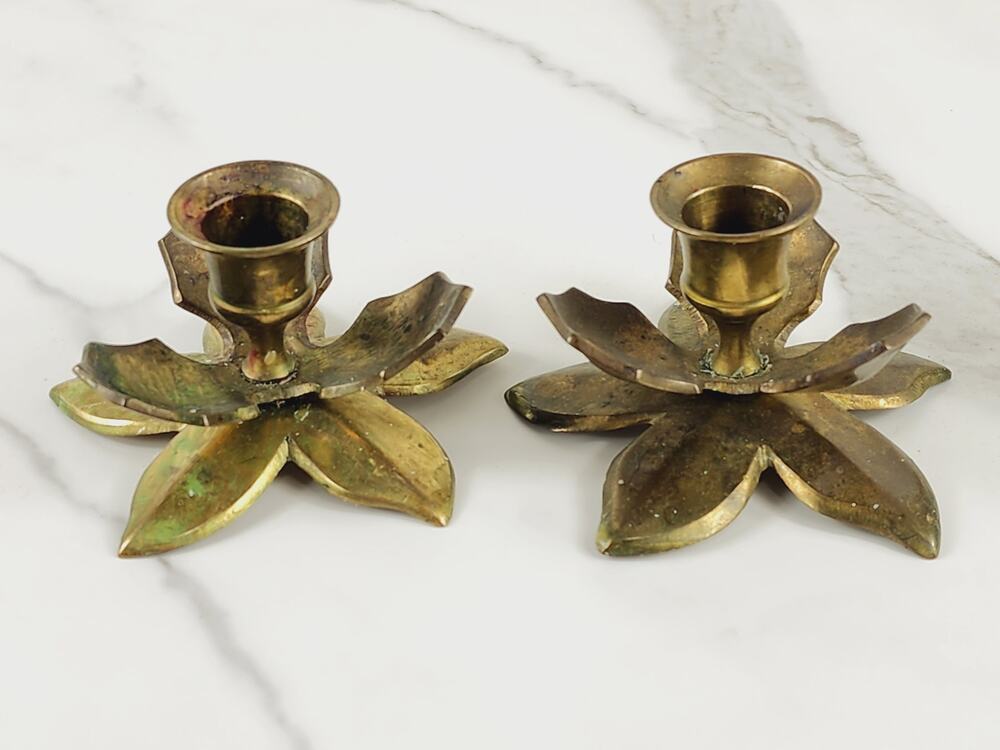Brass Candle Holder Flower Lotus Shaped Candlestick 4" Home Decor 80's x2 Vtg